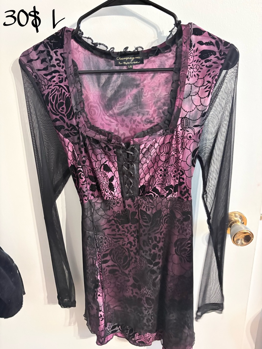 Champagne Pink and Black Velvet Floral Lace-Up Tunic